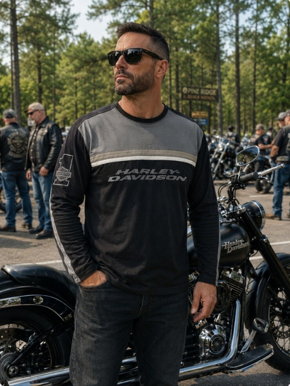 HARLEY-DAVIDSON LONG SLEEVE EMBROIDERED SHIRT. SIZE MEDIUM. GREY/BLACK.